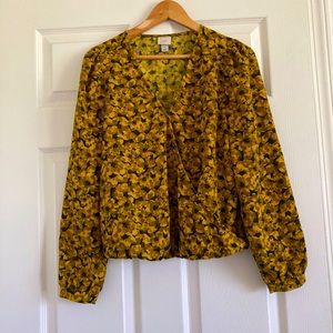 Mustard Yellow and Black Floral Wrap Blouse